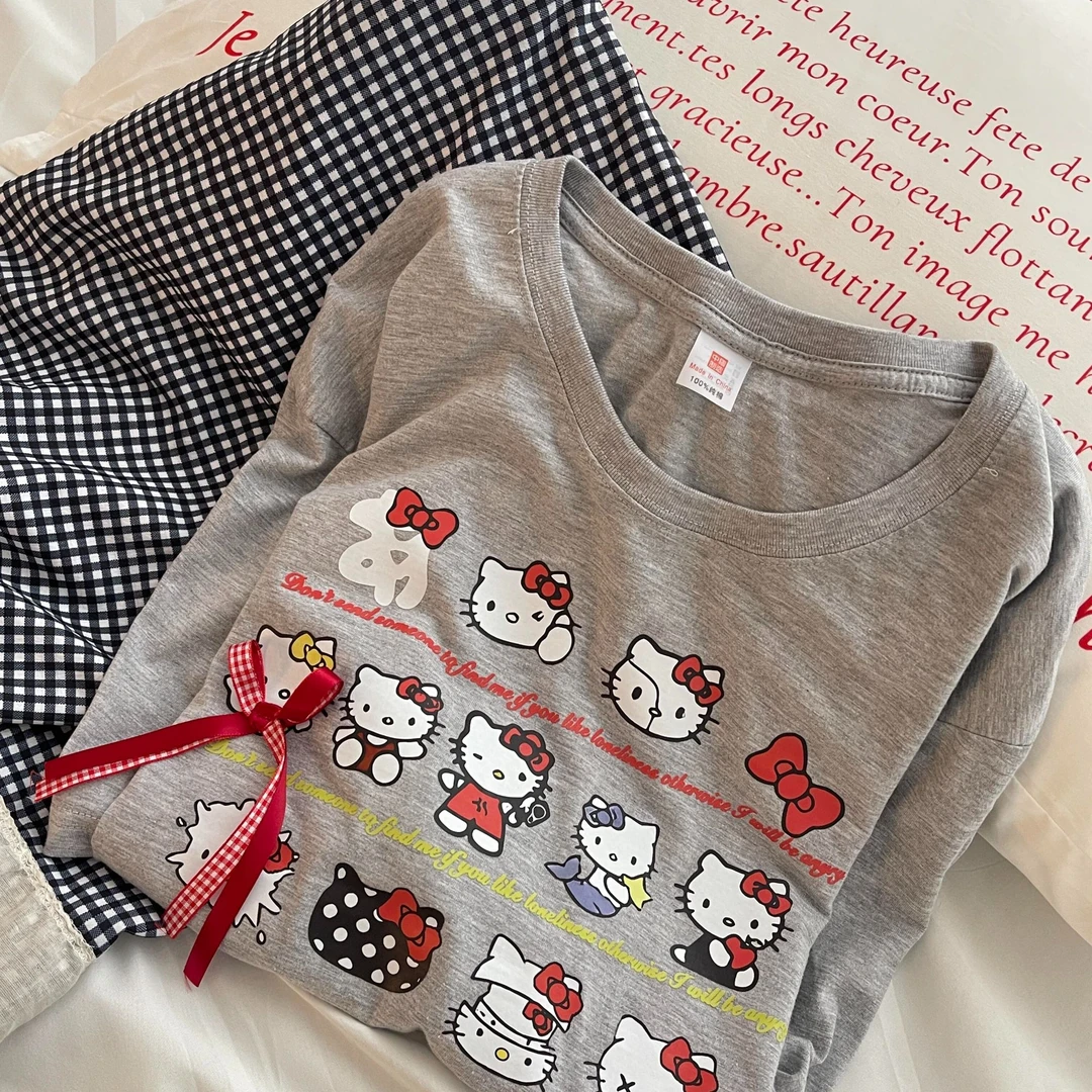 家居服夏季薄款短袖蕾丝花边格子长裤KT猫印花大码睡衣女卡通套装