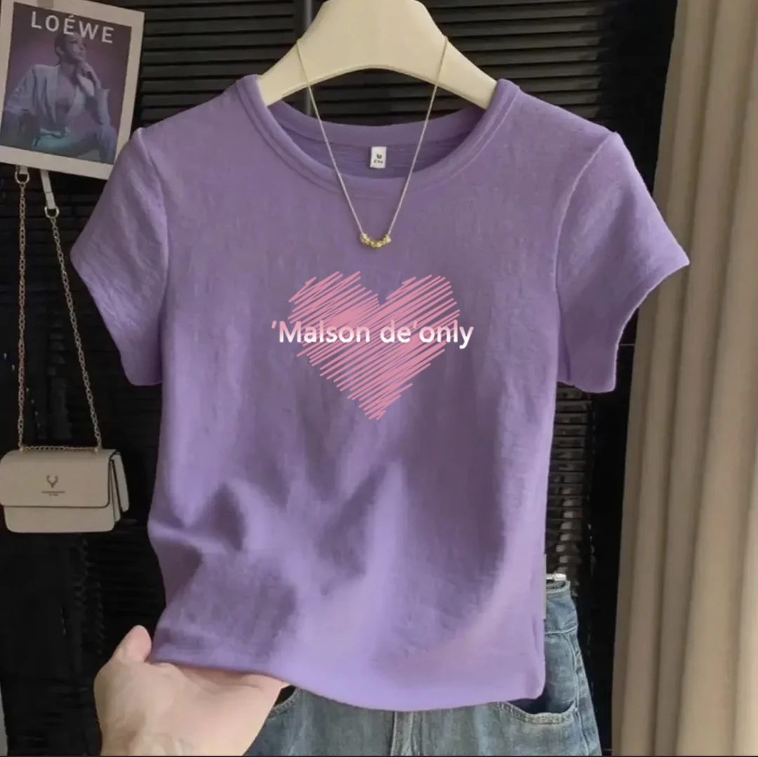 韩系正肩肌理短袖女紫夏显瘦圆领百搭上衣t恤多巴胺紫色文艺棉纱