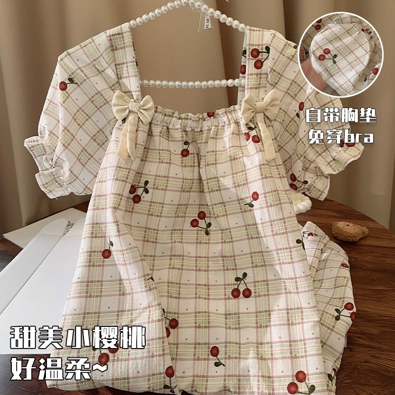 睡衣夏季女款甜美格子樱桃梭织棉中长款睡裙夏天新款带胸垫家居服