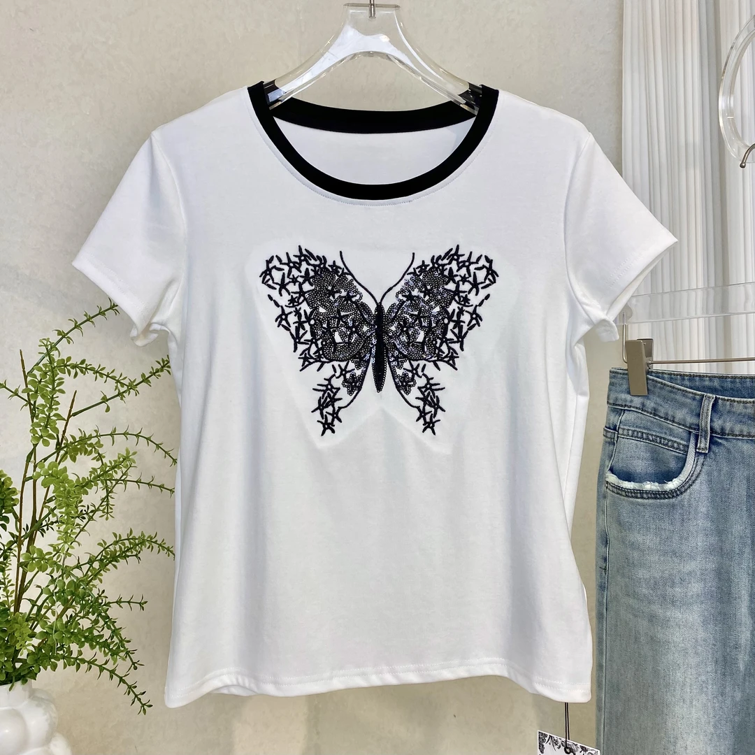 【运费补贴6-10】时尚高级重工撞色珠片绣显瘦上衣352070