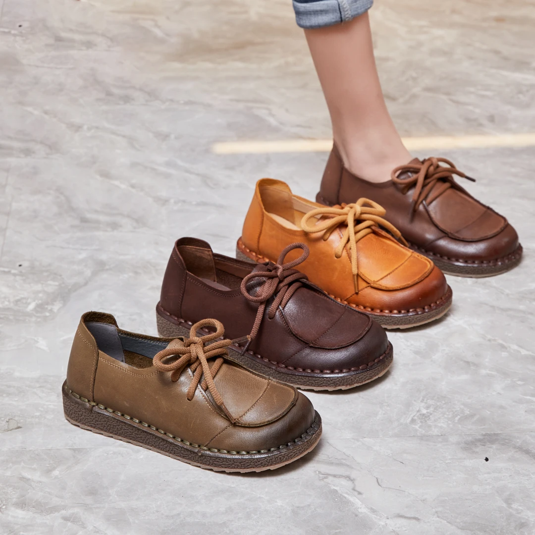 2025春季新款圆头真皮手工软底软面舒适休闲女鞋牛筋底头层牛皮