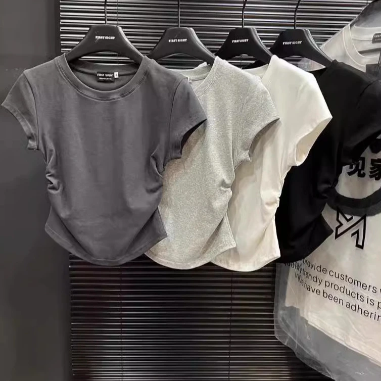 ins辣妹纯欲收腰t恤短袖女夏季新款纯色打底套头修身上衣女潮批发