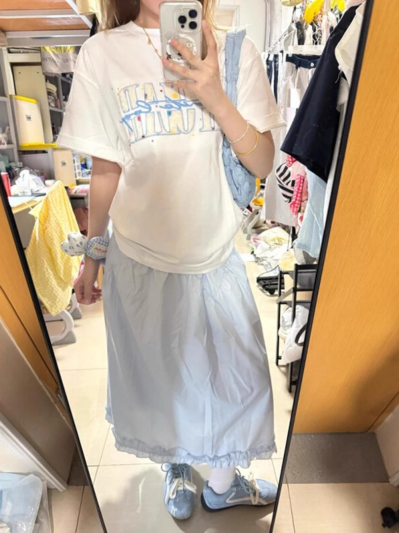 蓝色蕾丝花边半身裙女夏季新款胖mm高腰显瘦梨形身材中长款a字裙