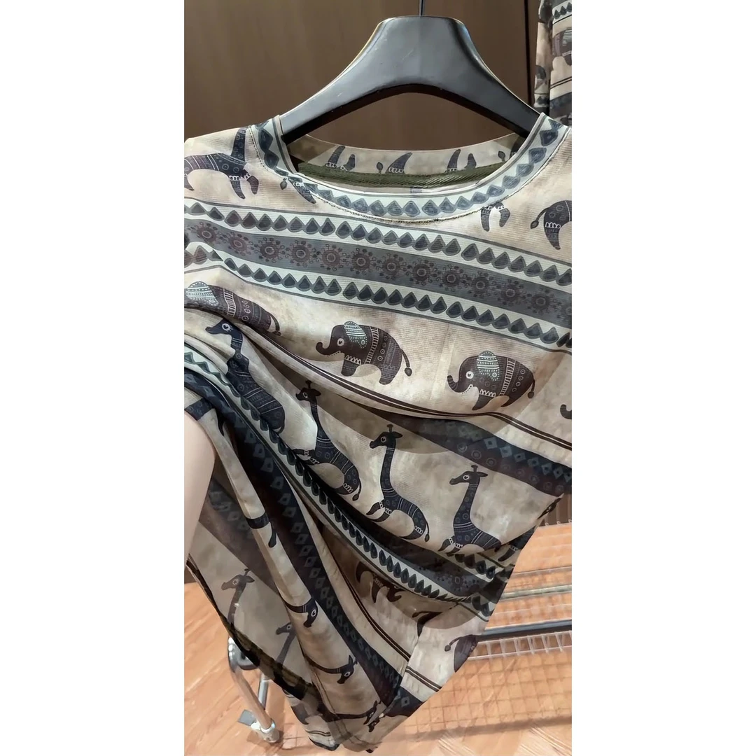 欧洲站2025年夏季轻薄丝滑微透小象印花圆领百搭长袖网纱T恤罩衫