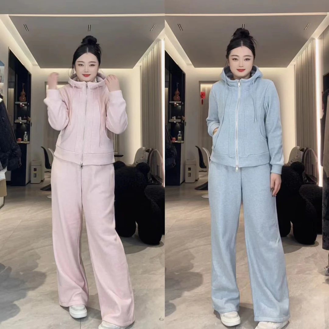 【晴儿家】秋冬休闲风加绒连帽开衫搭配加绒松紧腰阔腿裤套装88388