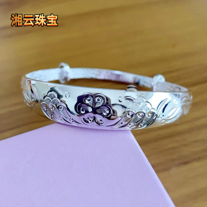 湘云 足银手镯 999.9实心银手镯女款花开富贵约30克可调节送妈妈