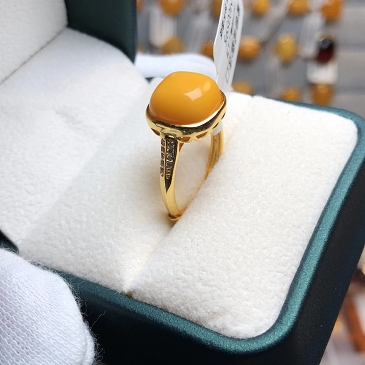 蜜蜡银S925镀金镶嵌戒指