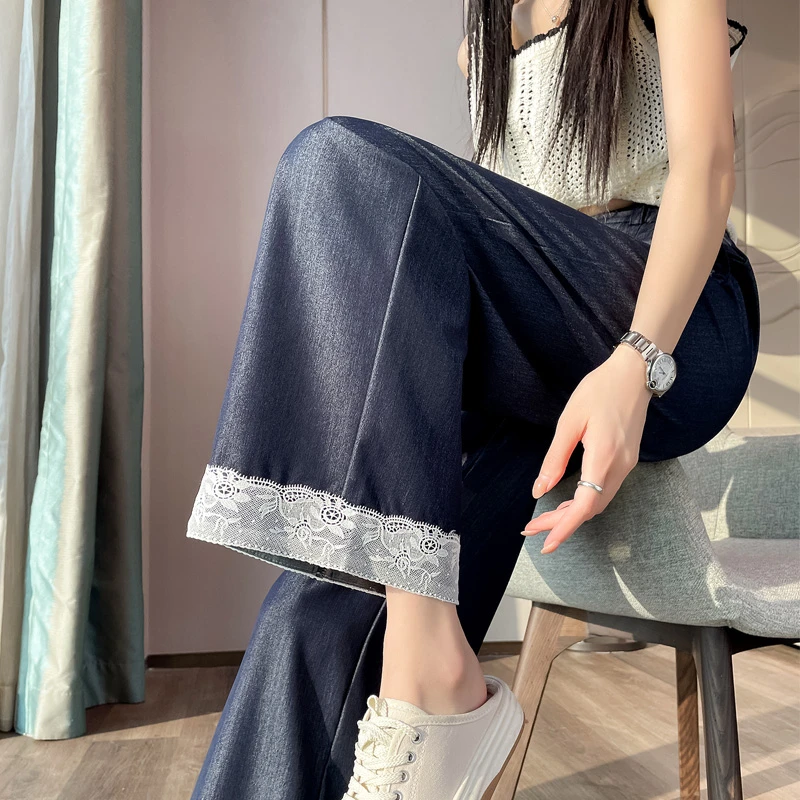 丹宁蓝窄版阔腿牛仔裤女春夏季2025新款九分小个子百搭宽松直筒裤