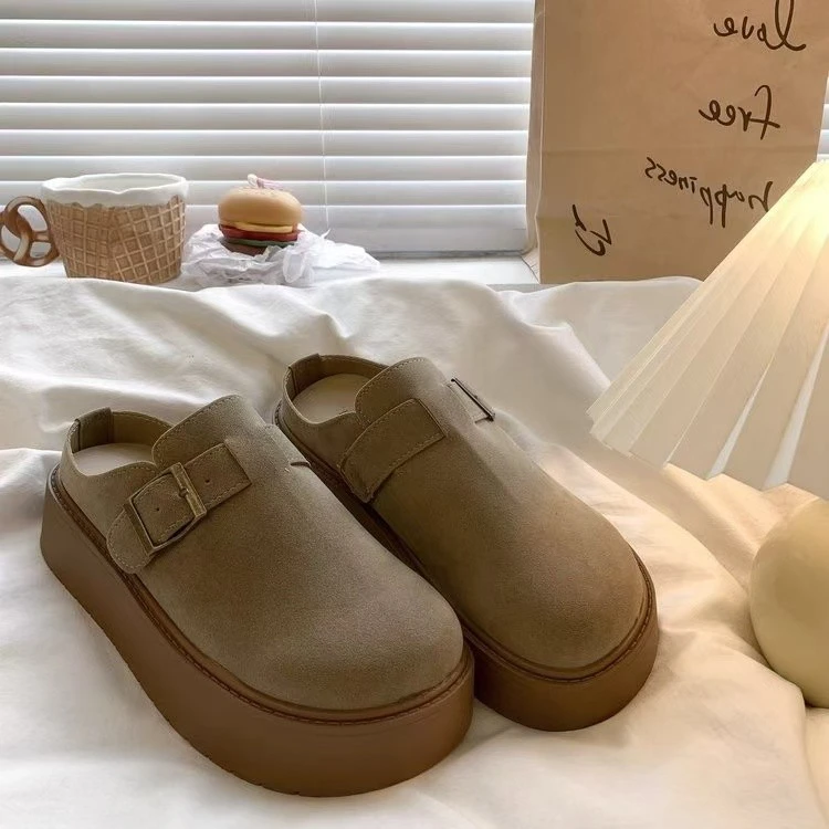 反绒包头纯色日常卡通风包头拖面包鞋厚底ins夏季平底复古