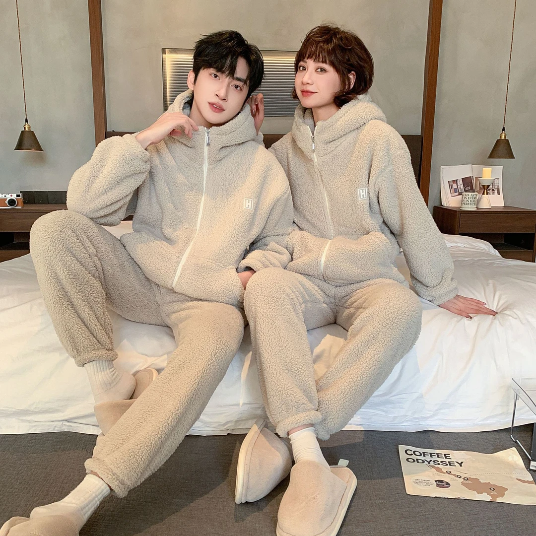 秋冬季睡衣加厚加绒保暖连帽款情侣网红冬天拉链家居服套装