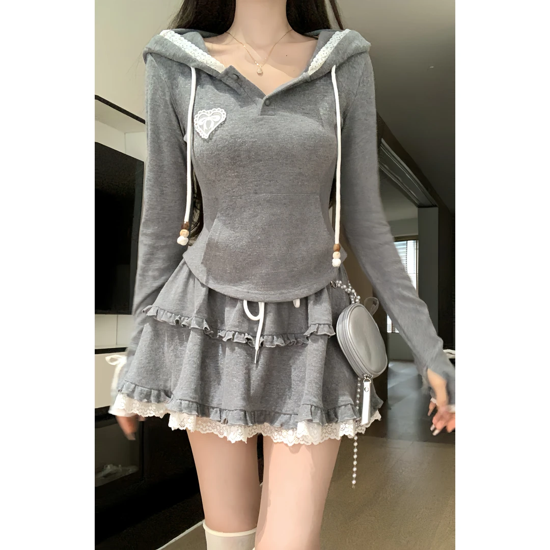 瑞茜·威瑟斯 格雷少女 早秋纯欲风修身显瘦连帽上衣半裙R2113-1L