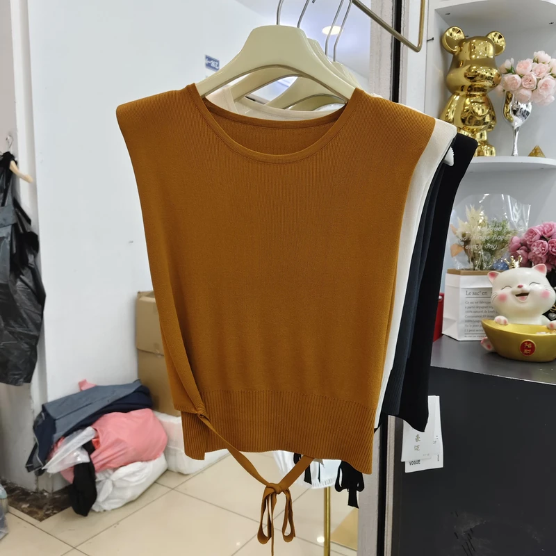 系带简约纯色圆领无袖垫肩针织衫女2025夏季新款休闲百搭套头上衣