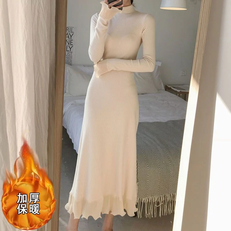 高领2025裙子秋冬新款女装手套网红毛衣冬裙长裙针织过膝连衣裙女