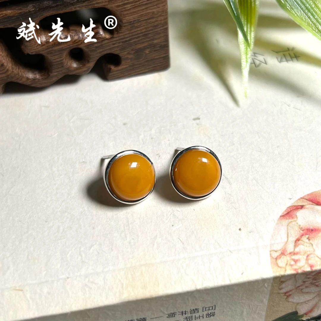 【斌先生】天然蜜蜡 925银圆叶耳钉