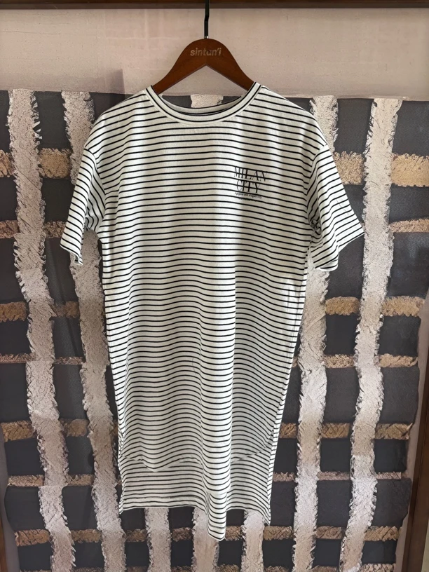 夏季宽松条纹中长款韩版修身纯棉短袖T恤百搭圆领时尚休闲半袖