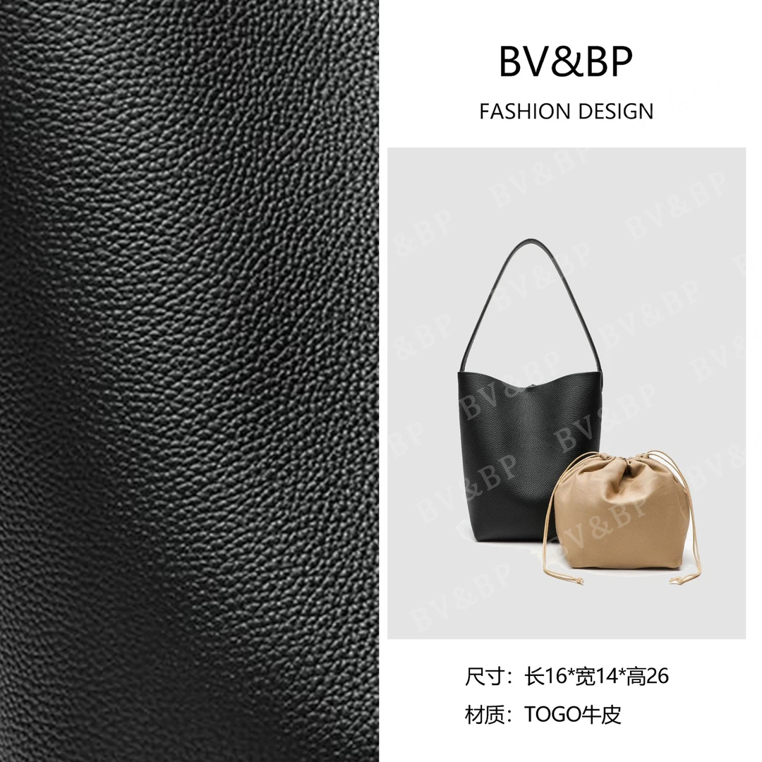 BV&BP原创设计真皮高定单肩斜跨包时尚轻奢黑色荔枝纹百搭水桶包