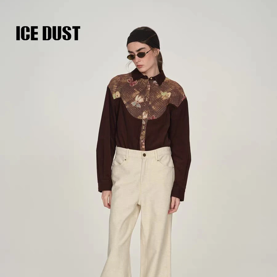【ICE DUST】提花拼接灯芯绒长袖衬衫复古美拉德上衣
