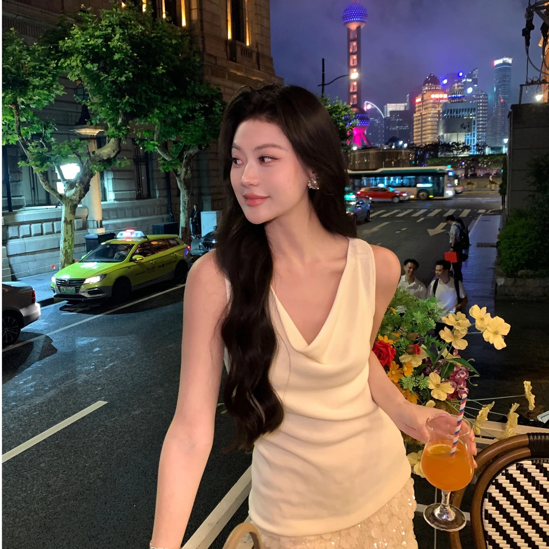 现货 JINY 静一｜【月弧垂衫】一字肩荡领吊带背心女气质无袖T恤上衣