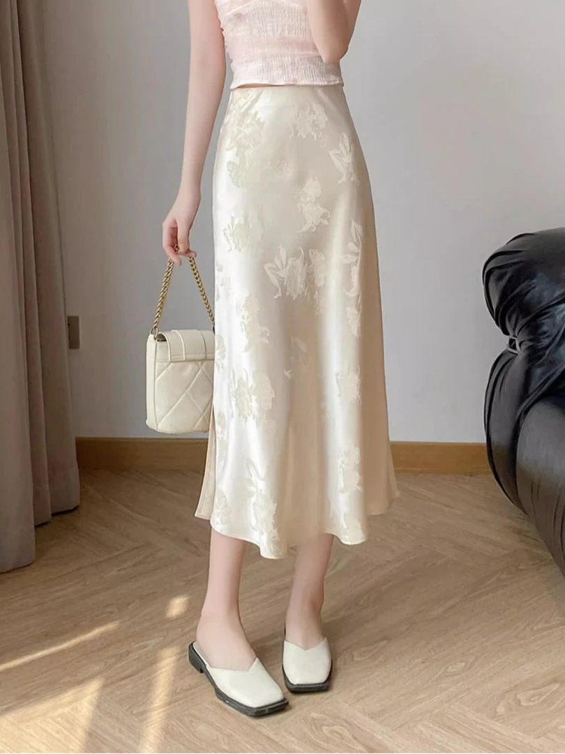 女中长款A字新中式新款鱼尾裙提花春夏正牌醋酸半身裙服装女女款