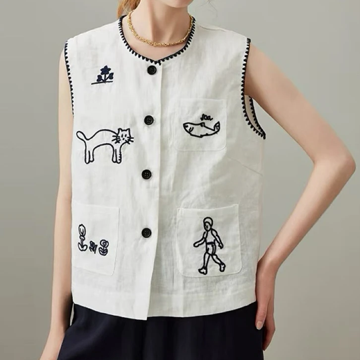 新款气质休闲韩版简约绣花背心B2518