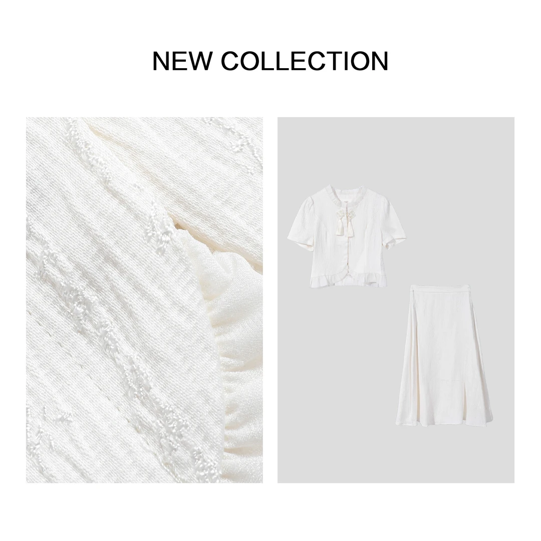 【小依专享】D3F28077蕾丝装饰蝴蝶结短袖上衣+白色半裙套装-8077