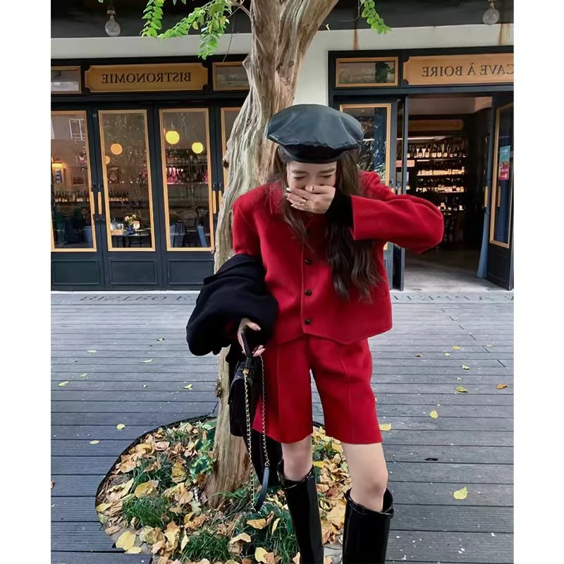 小香风红色套装过年红法式高级感早春新款时尚百搭毛呢两件套