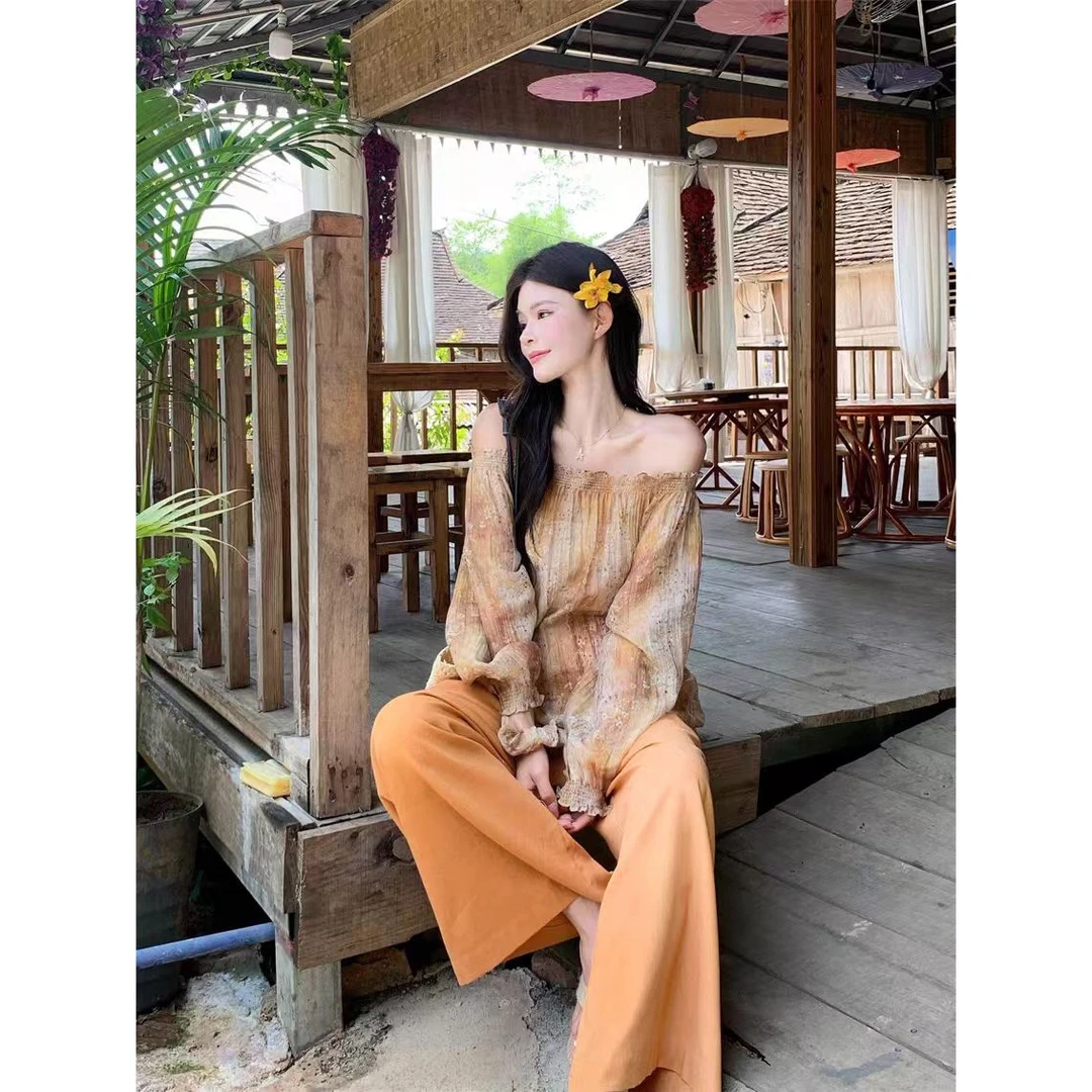 610 【B】 时尚扎染一字肩碎花衬衫+休闲垂感裤腿裤高级套装 B13