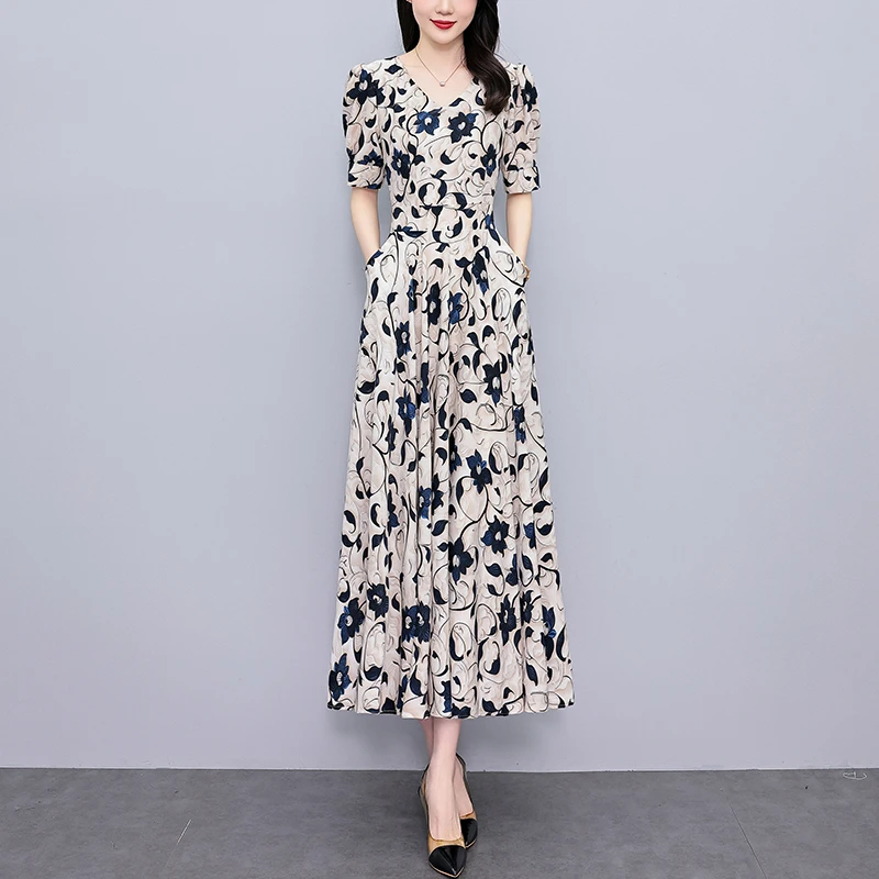 有口袋印花真丝连衣裙女夏2025新款短袖洋气质长款修身大摆长裙子