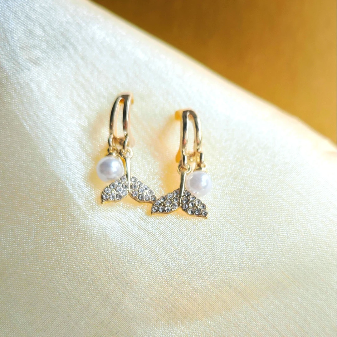 合金锆石耳饰 鱼尾珍珠韩式高级银针个性精致百搭甜美耳钉