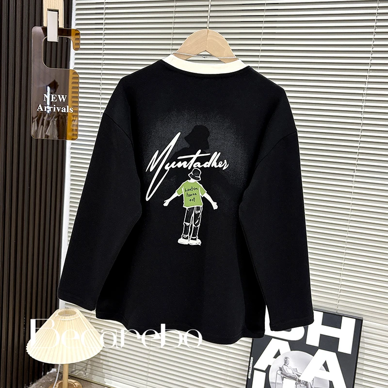 【淏妈原创】青少年童装男童冬装上衣中大童宽松加绒卫衣长袖打底衫