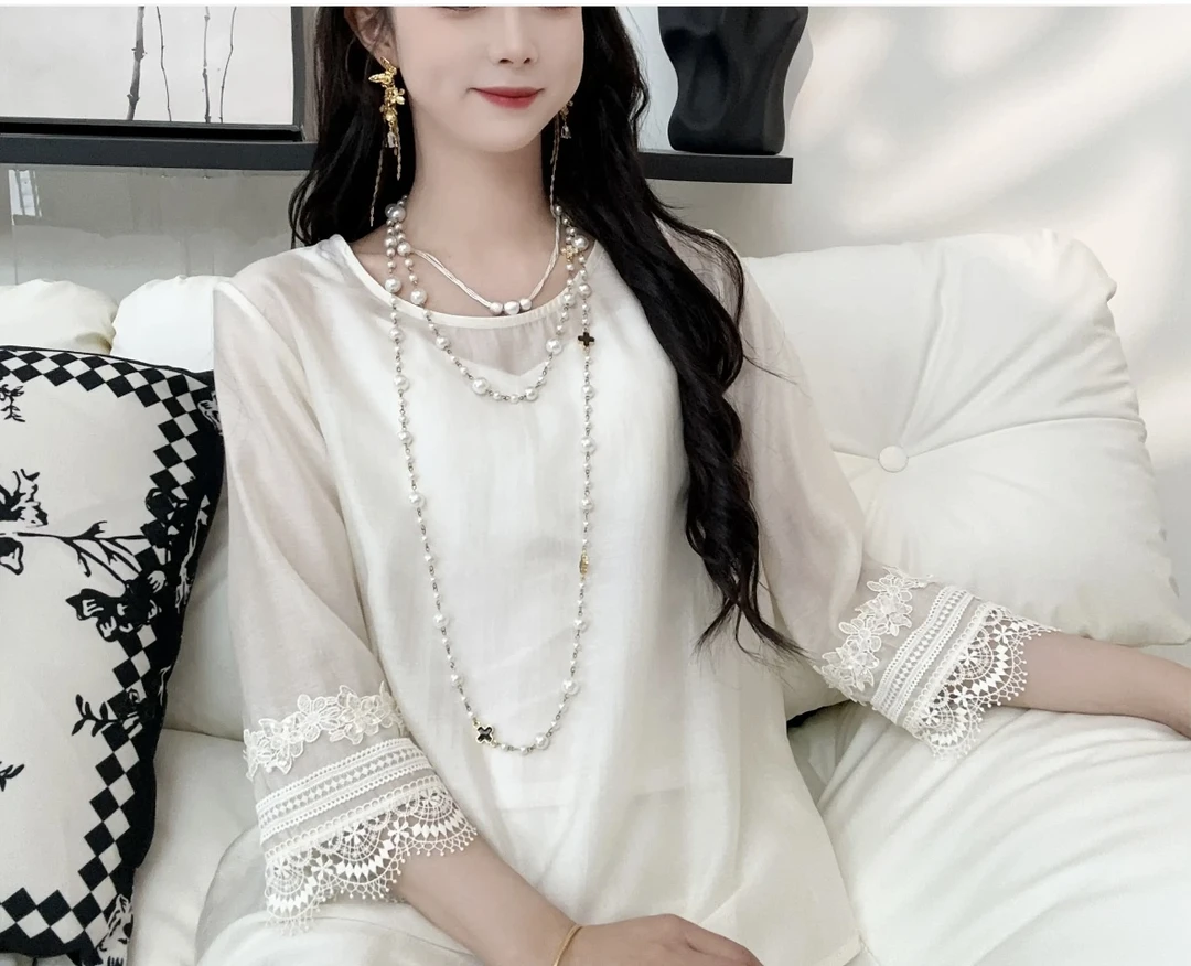 2025设计感精致款百搭夏季蕾丝短袖T077