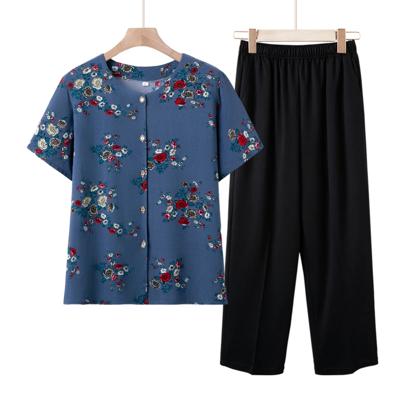 中老年人奶奶装夏装衬衫老太太女装T恤老人衣服妈妈衬衣上衣套装