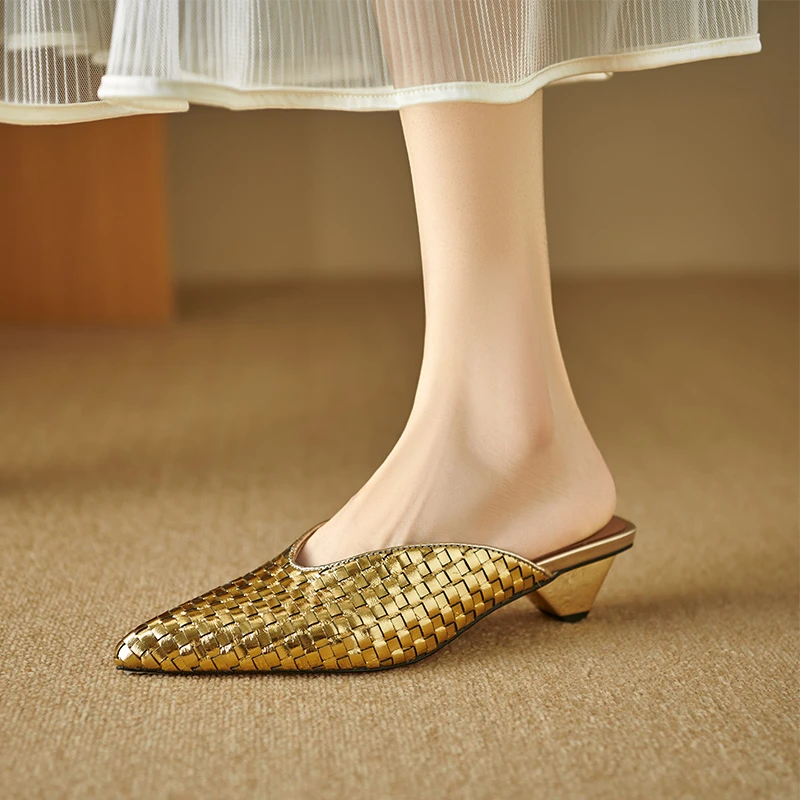 诗宝斐尔~法式编织包头半拖鞋女夏外穿真皮金银色粗跟尖头穆勒鞋