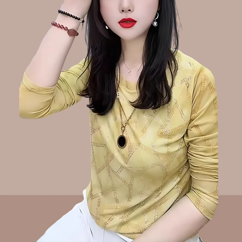 洋气时尚显瘦百搭春秋宽松印花圆领长袖上衣打底衫女款2025年秋季