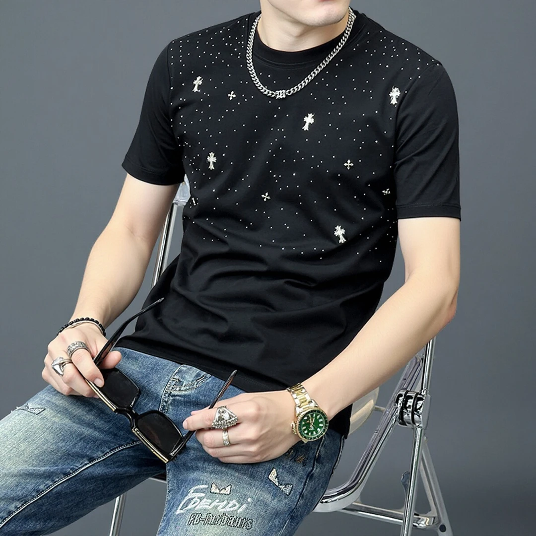 短袖t恤男2025新款 欧洲站高端丝光棉男士半袖  小众十字架烫钻