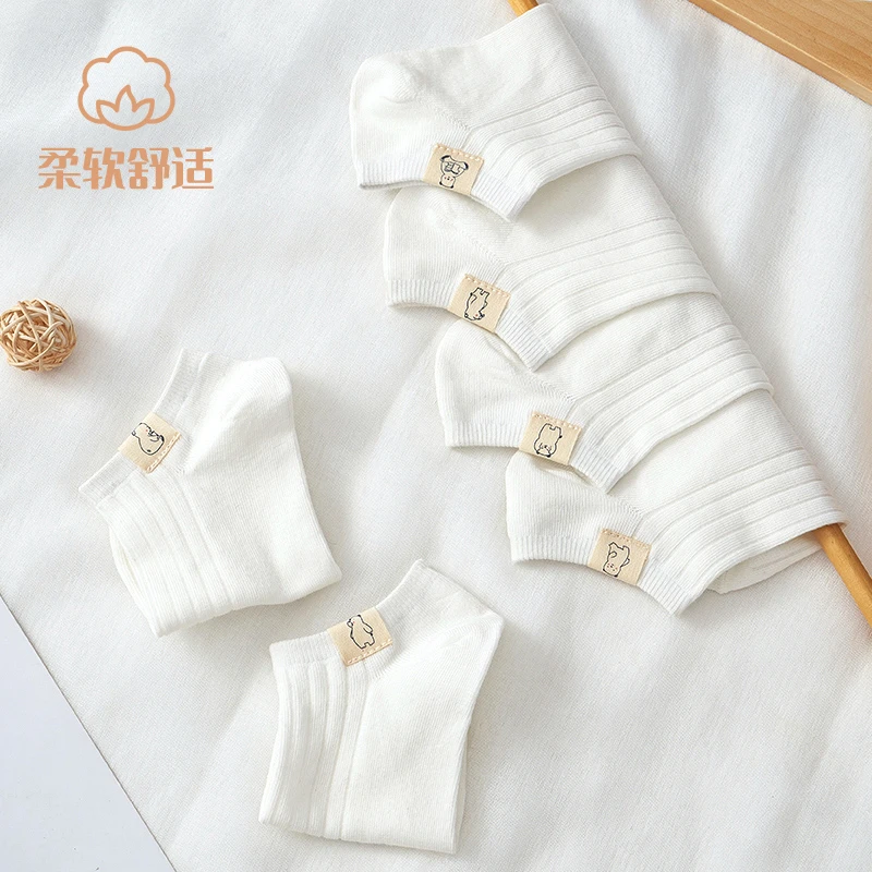 o女款初秋袜子韩版中筒薄款夏天布标棉袜纯白色低帮船袜女ins潮