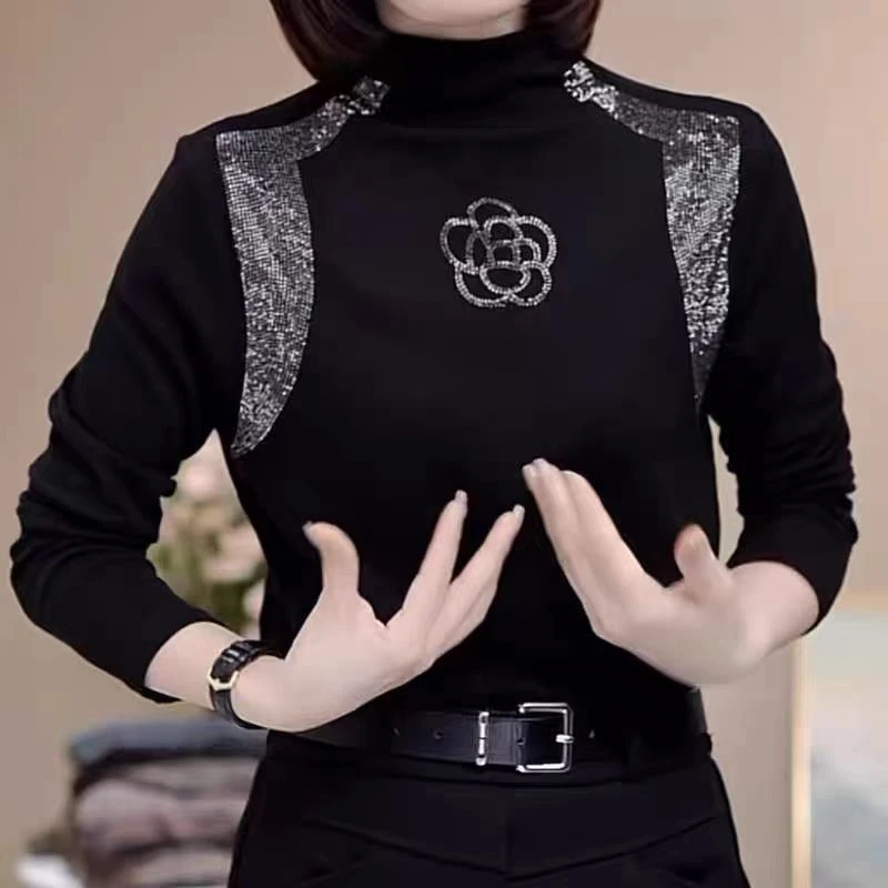 德绒烫钻半高领薄绒秋冬新款宽松长袖中老年妈妈装打底上衣9161#