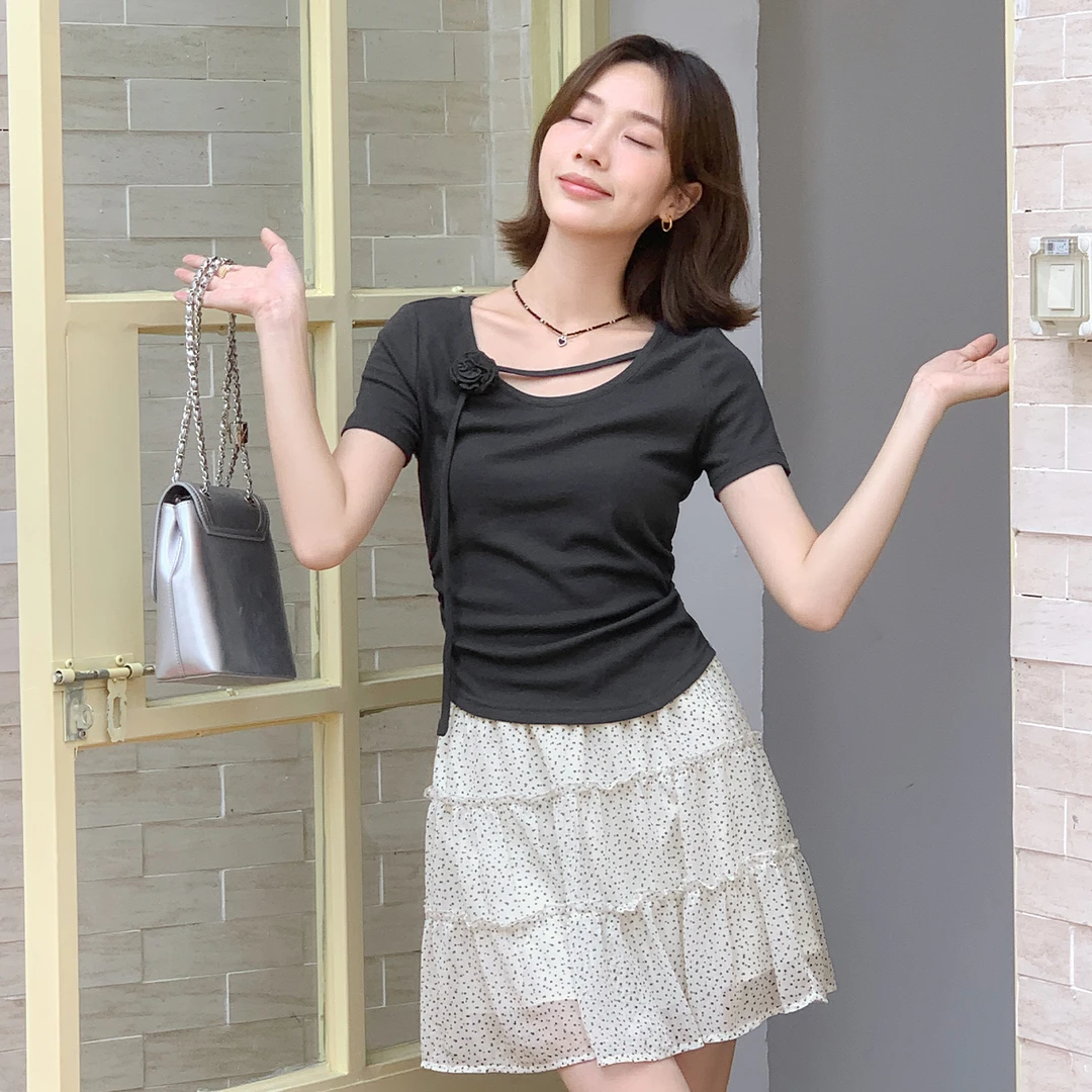 新品【奶油玫瑰】FS504S102+FS504S201纯欲抽绳收褶上衣