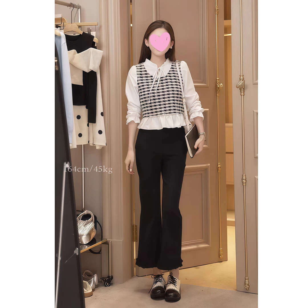 韩系小香风格子设计假两件衬衫女高腰直筒上衣休闲裤女两件套女