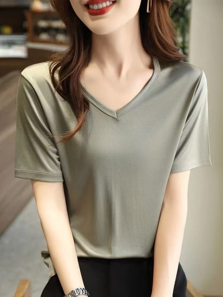 三醋酸V领短袖春夏薄款！舒适贴肤上衣ZM206