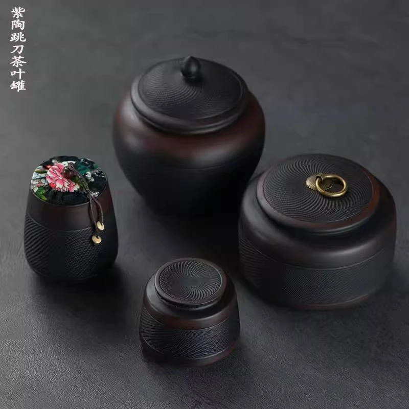 建水紫陶跳刀茶叶罐复古密封罐大号陶瓷防潮罐密封罐醒茶罐储茶罐