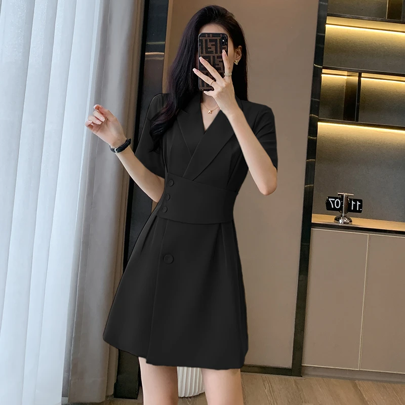 黑色短袖西装连衣裙女春夏季小个子高端气质职业装工作服收腰修身