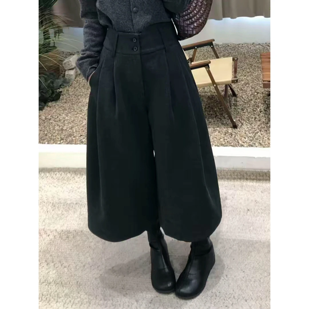 复古老钱风简约八分阔腿裤女秋冬气质百搭高腰显瘦垂感毛呢休闲裤