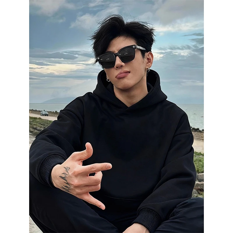 黑色美式重磅连帽卫衣男款秋冬季加绒保暖打底衫boxy短宽情侣外套