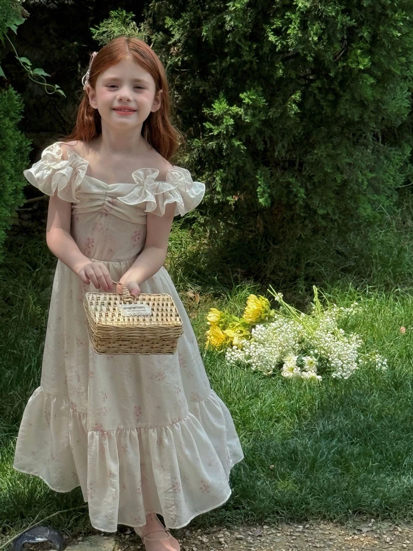 粉碎花长裙2025夏季新款女童一字肩连衣裙5623