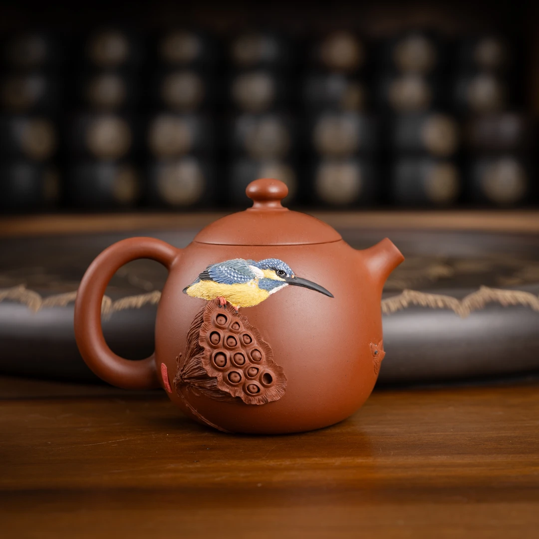 『龙蛋莲蓬翠鸟』坭兴陶茶壶球孔张铧仍堆雕花鸟精工9666约170毫升