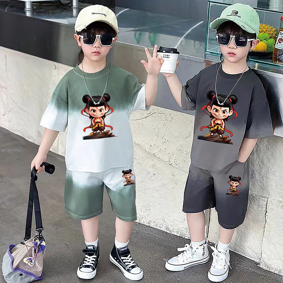男童套装男童夏季短袖套装卡通哪吒闹海休闲运动帅气薄款潮流服装