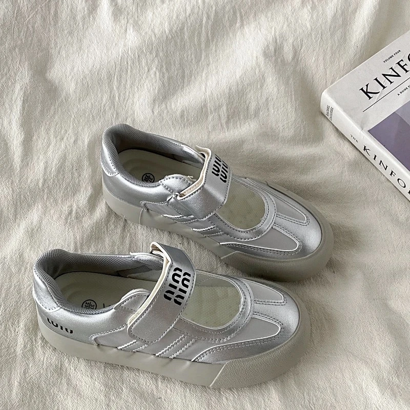 5282银色镂空帆布鞋女2025夏季新款厚底复古透气玛丽珍魔术贴鞋子