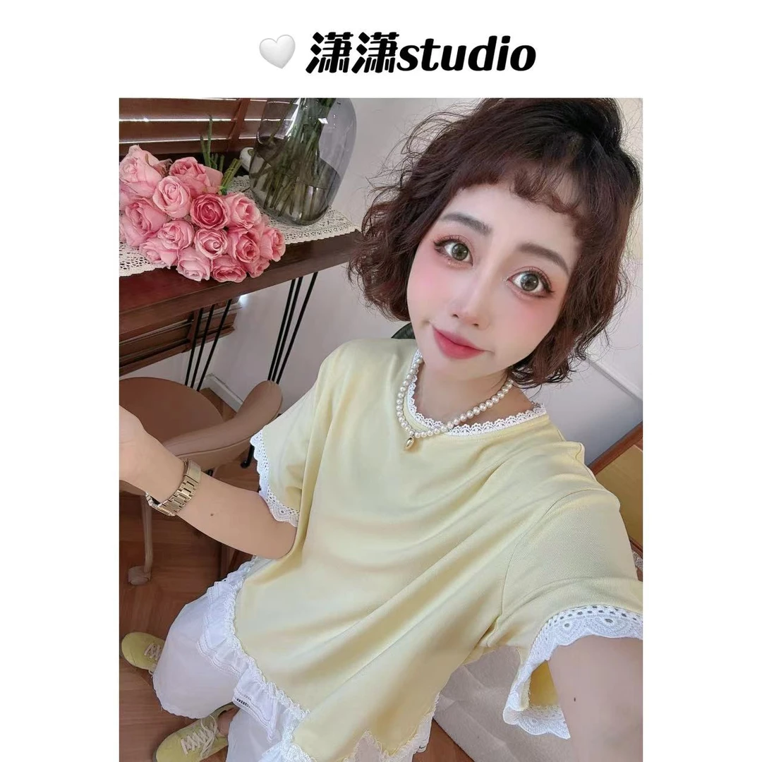 【珍珠下摆半袖】潇潇自制超舒服大弹力领口花边下摆花边半袖XW0064