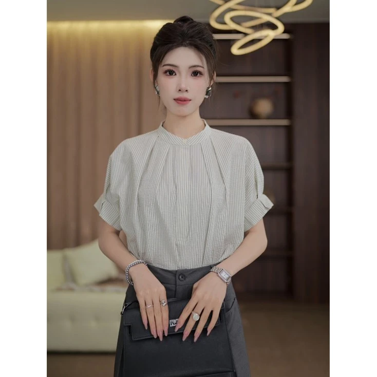 TITI定制【次日清晨】轻奢气质条纹短袖衬衫宽松显瘦上衣TZ1717341